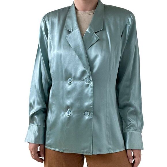 Vintage 80s Womens Blue Double Breasted 100% Silk Preppy Sexy Blouse Sz L - Picture 13 of 13